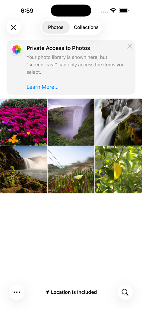 Ein Screenshot der Screen Cast App, der eine Fotogalerie und eine Benachrichtigung über den Datenschutzzugriff für die Spiegelung von Bildern zeigt.