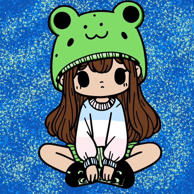 a girl wearing a frog hat and some frog socks