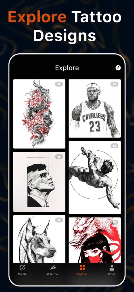 AI Tattoo Generator & Maker - Explore page of the AI Tattoo Generator app showing various design inspirations like dragons and portraits