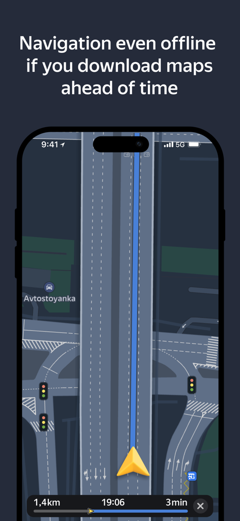 Navigationsschnittstelle von Yandex Navi, die eine Autobahnroute im dunklen Modus zeigt.