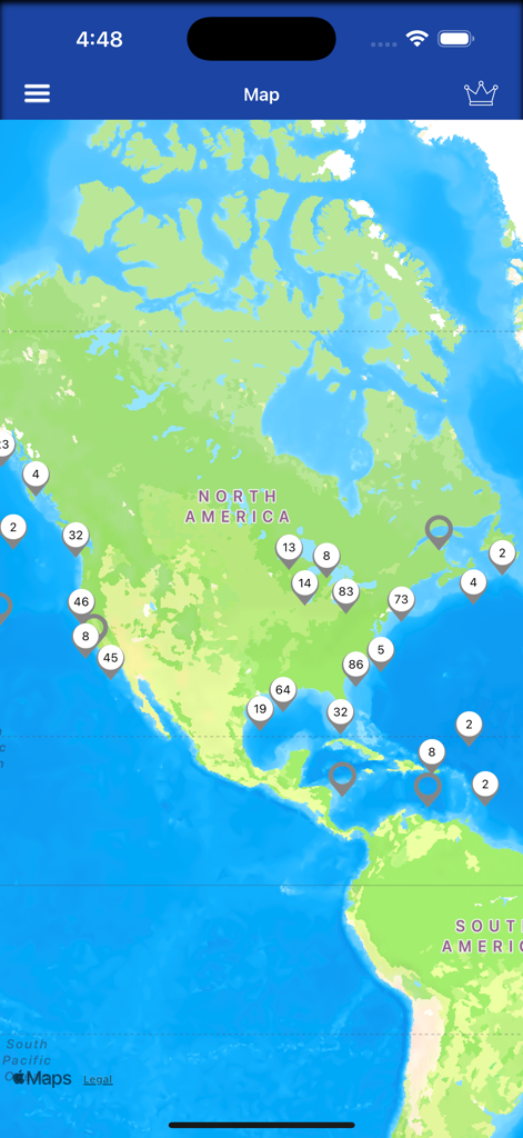 Map view showing NOAA marine weather buoy locations across North America