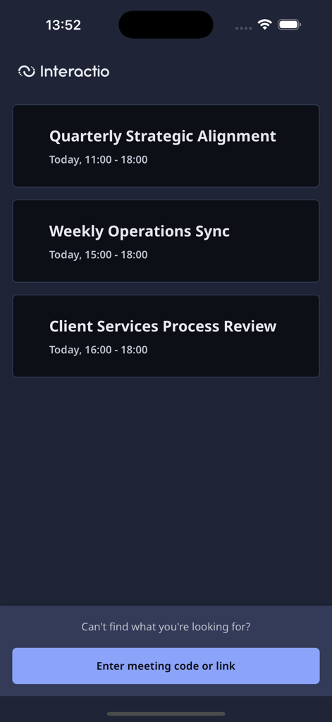Interactio - A list of scheduled corporate meetings and sessions on the Interactio app interface