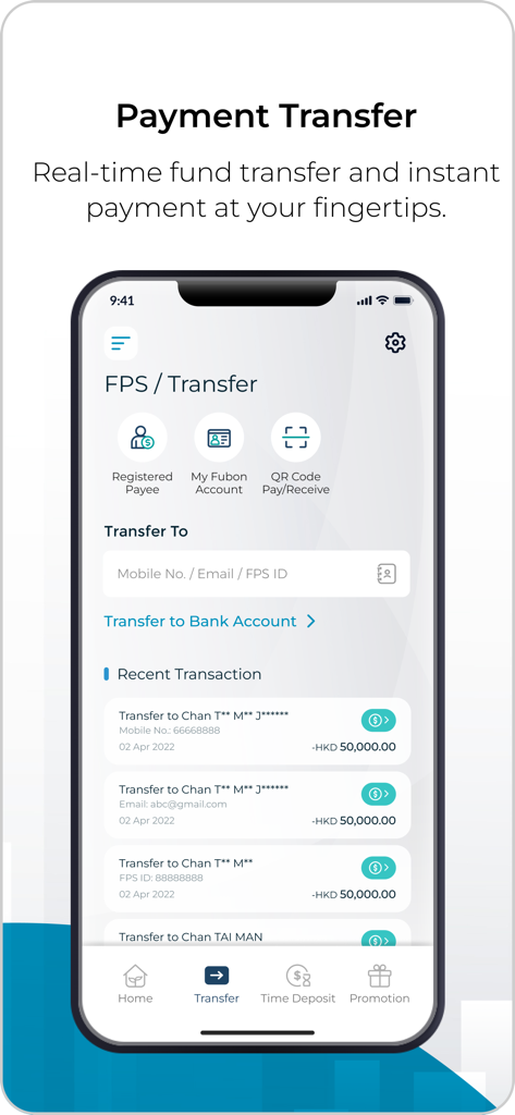 Fubon+ HK - Fubon plus HK app payment transfer interface featuring FPS and recent transactions