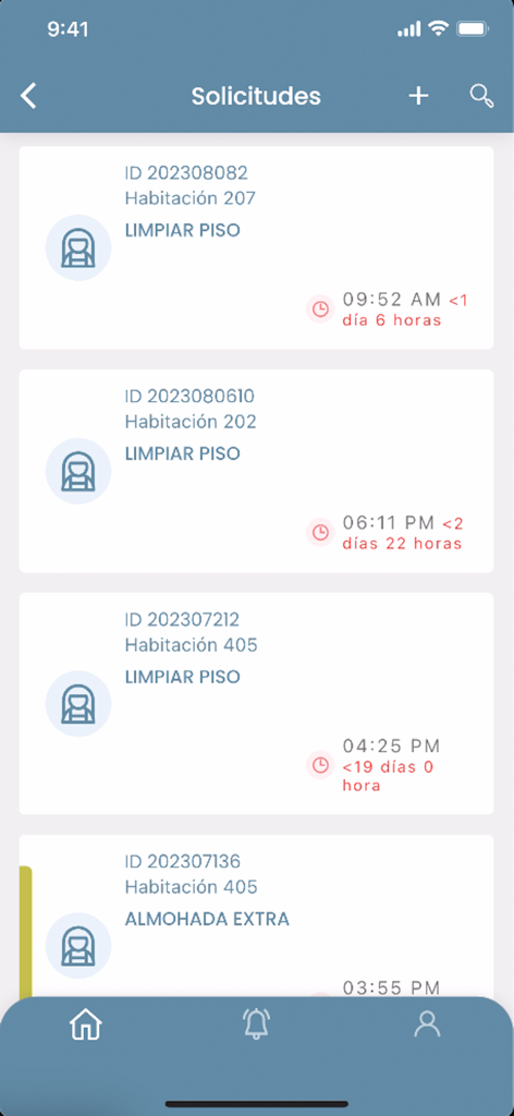 Innsist HoS - A mobile app screen displaying a list of hotel service requests with room numbers and task details