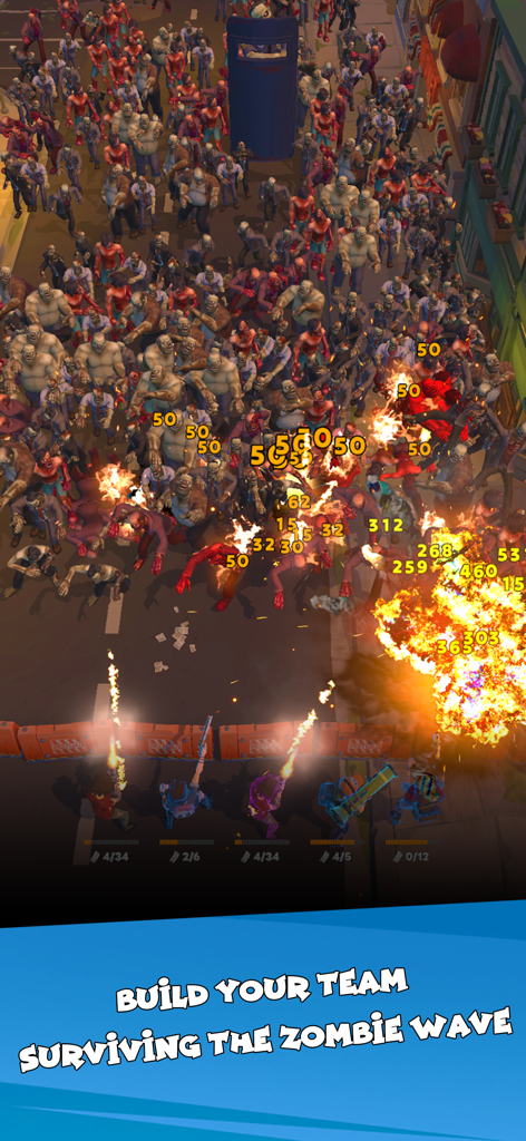 Idle Zombie Wave: Survival TD - A group of survivors behind a barricade firing at a massive horde of zombies with explosions and damage numbers.