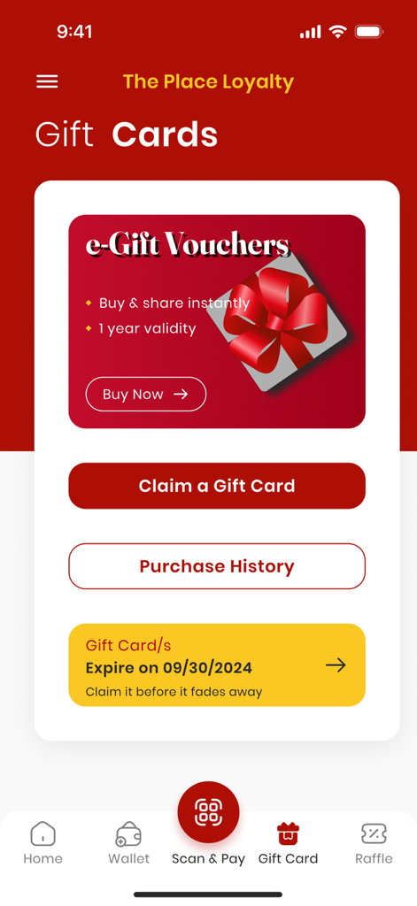The Place Loyalty - The Place Loyalty mobile app gift cards interface showing e-gift voucher purchase and claiming options