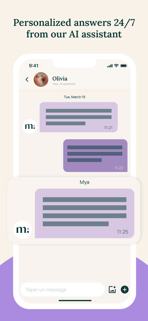 May – Baby, parents - 保護者向けのAIアシスタント、Myaとのパーソナライズされたチャットインターフェースを表示するスマートフォンの画面。