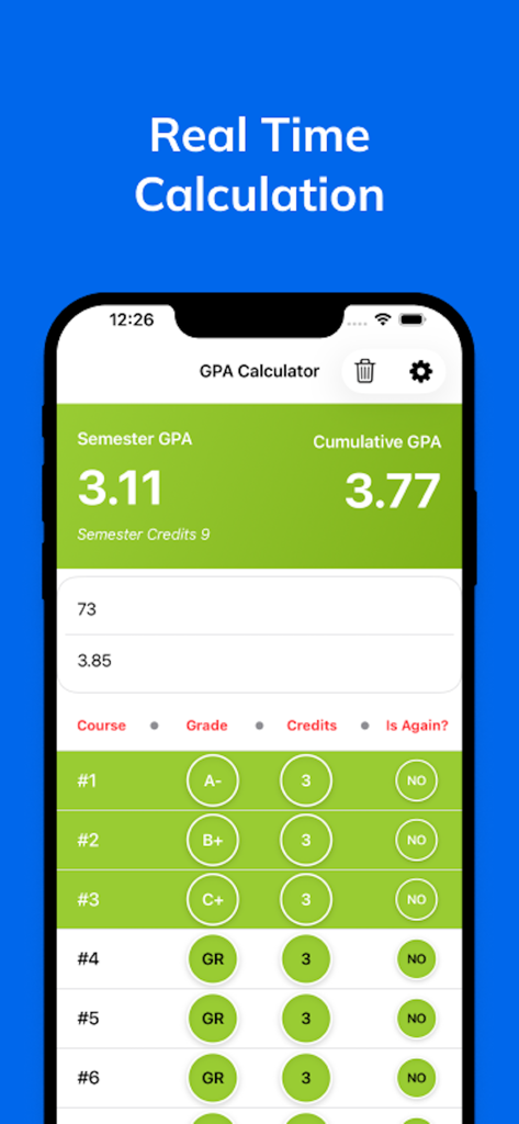 GPA Calculator - Interface de l'application Calculateur de GPA montrant le calcul en temps réel du GPA semestriel et cumulatif