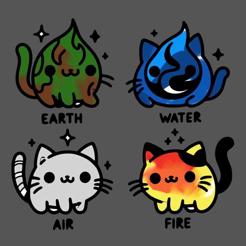 4 cats that represent the different elements, earth, water, air, and fire