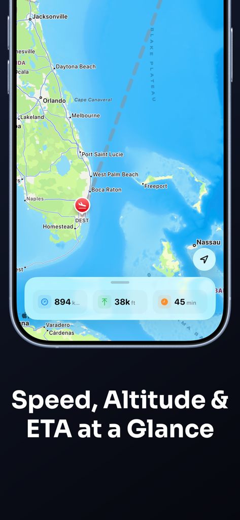 Sky Trace - Track Your Flight - Sky Trace app interface showing live flight speed altitude and estimated arrival time over a map of Florida