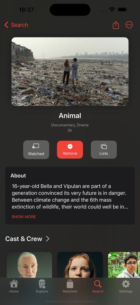 App interface displaying details for the movie Animal including description and navigation menu