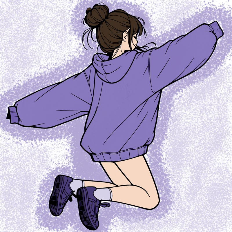 realistic girl jumping with a bun and oversized sweatshirt