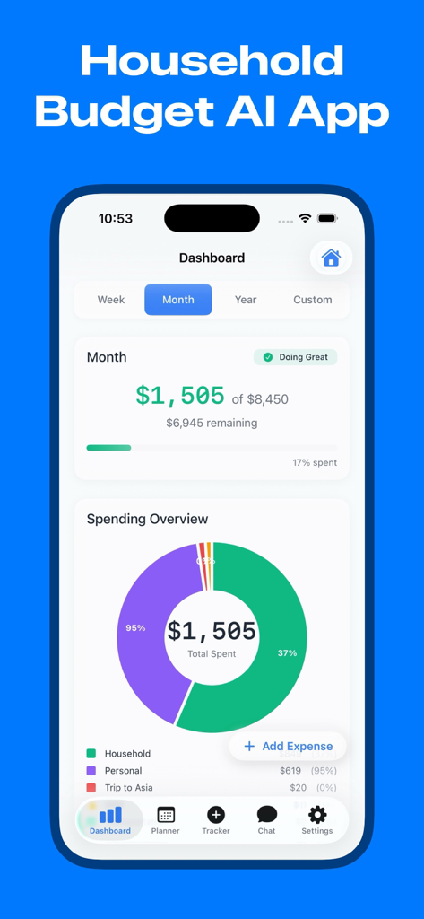 Household & Family Budget App - Un panel de la aplicación móvil que muestra el progreso del presupuesto mensual y una descripción general de los gastos con un gráfico circular de desglose de categorías.