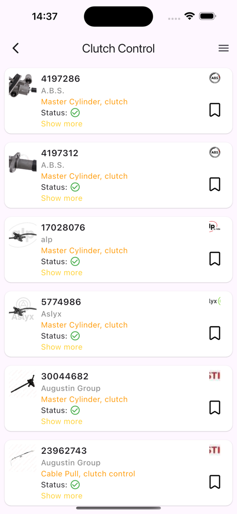 KPARTS - Auto Parts Catalogs - Mobile app screen showing a catalog of clutch control parts including master cylinders and cable pulls with part numbers.