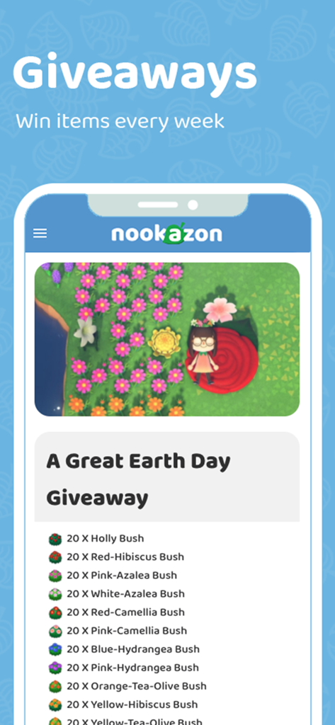 Nookazon app screen showing weekly item giveaways for Animal Crossing players.