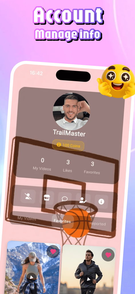 Account management interface of Tiso app displaying user profile details and fitness video previews