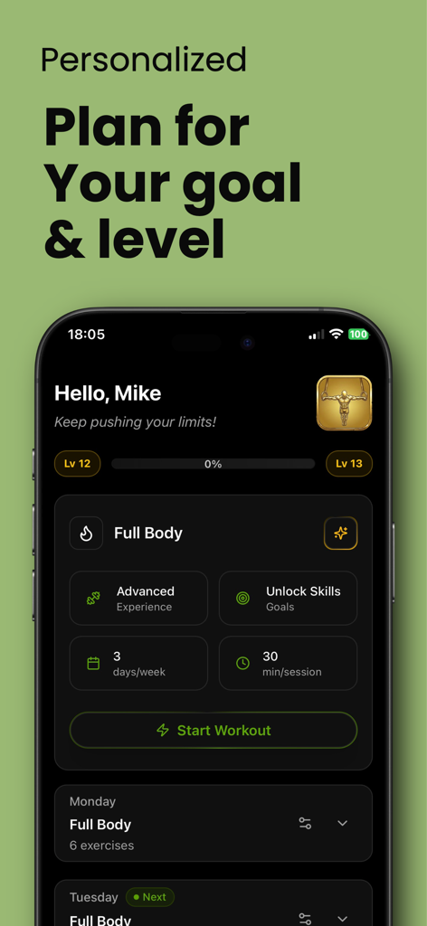 Calimax: Calisthenics Coach - Interfaz de la aplicación Calimax que muestra un plan de calistenia personalizado y el nivel de progreso del usuario