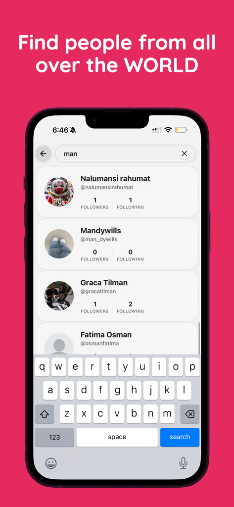 Pookie: Be friends anonymously - Screenshot of the Pookie app search feature showing multiple user profiles to connect with