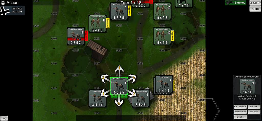 Skirmish 1944 - WWII infantry unit counters on a hexagonal grid map with tactical movement options in Skirmish 1944