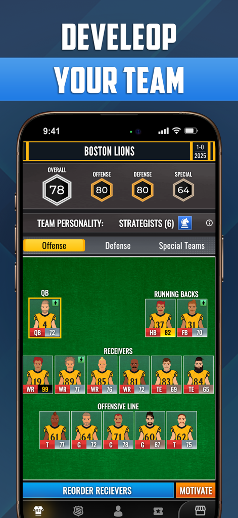 Ultimate QB: Football Legend - ボストン・ライオンズのオフェンシブ・ロスターとチーム評価を示すアルティメットQBフットボール・レジェンドのモバイルゲームスクリーンショット。