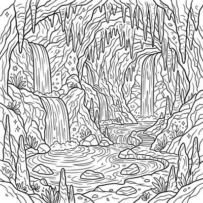 Journey to a hidden world with this mesmerizing coloring page featuring subterranean waterfalls. Discover an intricate cave system filled with flowing water, stalactites, and unique rock formations ready for your artistic touch.