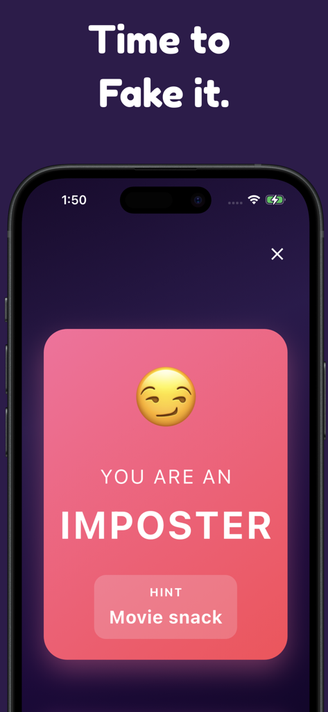 Imposter Game -Spy - Una pantalla de juego móvil que muestra una tarjeta rosa con un emoji guiñando un ojo y el texto Eres un impostor con una pista de bocadillos de película