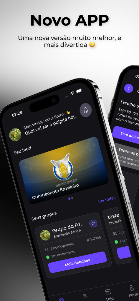 Bolão Entre Amigos - A mobile phone displaying the Bolão Entre Amigos app dashboard with soccer tournament details and social groups.