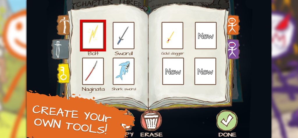 Draw a Stickman: EPIC 2 - Draw a Stickman EPIC 2의 스케치북으로, 칼과 상어 칼과 같은 사용자 지정 도구를 보여줍니다.