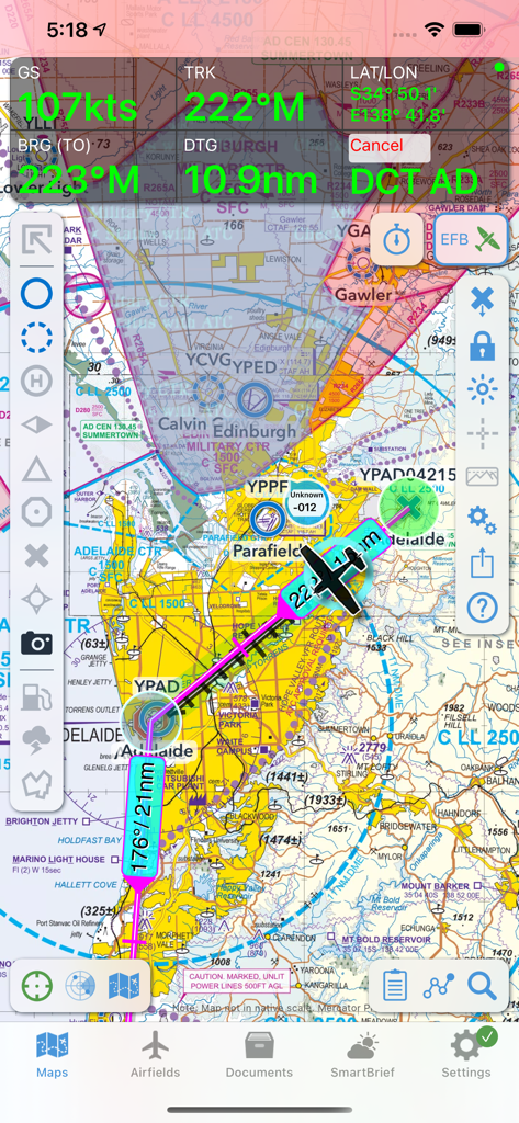 OzRunways EFB interface displaying a moving map with aeronautical charts and flight telemetry