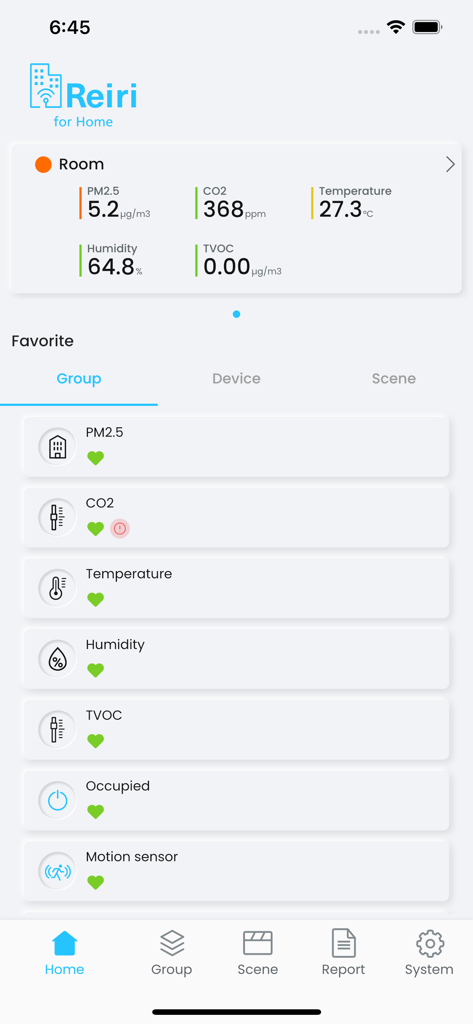 Reiri Home app dashboard displaying real time air quality metrics including PM2.5 CO2 temperature and humidity