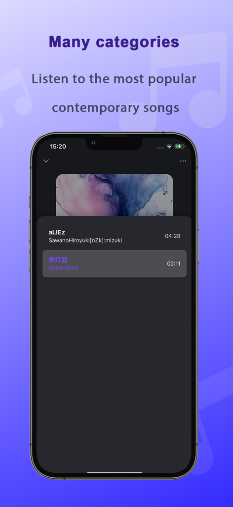 Solo Music Player interface showing a list of contemporary songs on an iPhone screen.