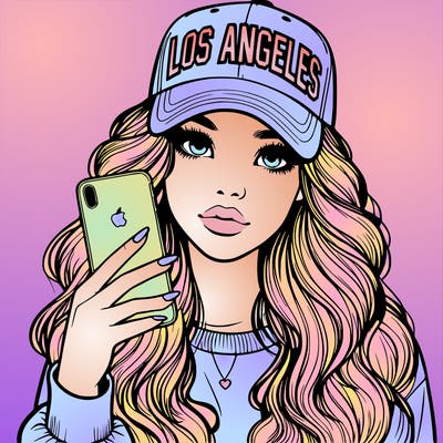 realistic beautiful girl wearing los ángeles cap holding an iphone