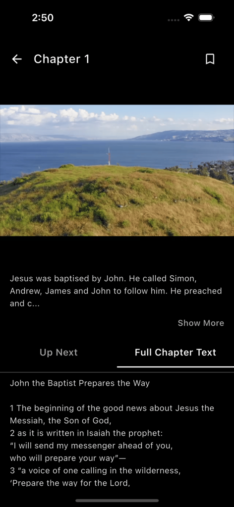 Interfaccia dell'app Vision of the Bible che mostra un video panoramico della Terra Santa accanto al testo di Marco Capitolo 1.