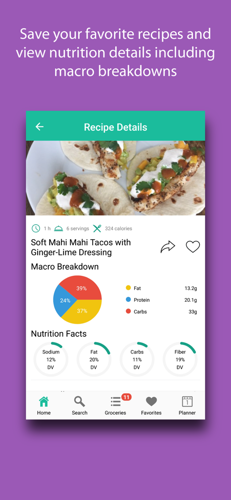 Diet Meal Planner - Diet Meal Planner app screen showing recipe details and a macro breakdown pie chart for mahi mahi tacos.