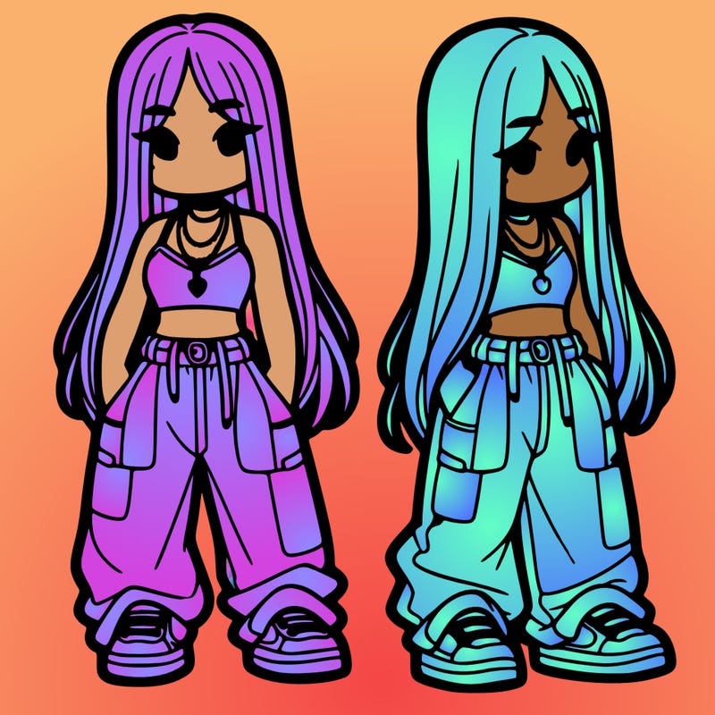 girl in baggy pants crop top and long hair