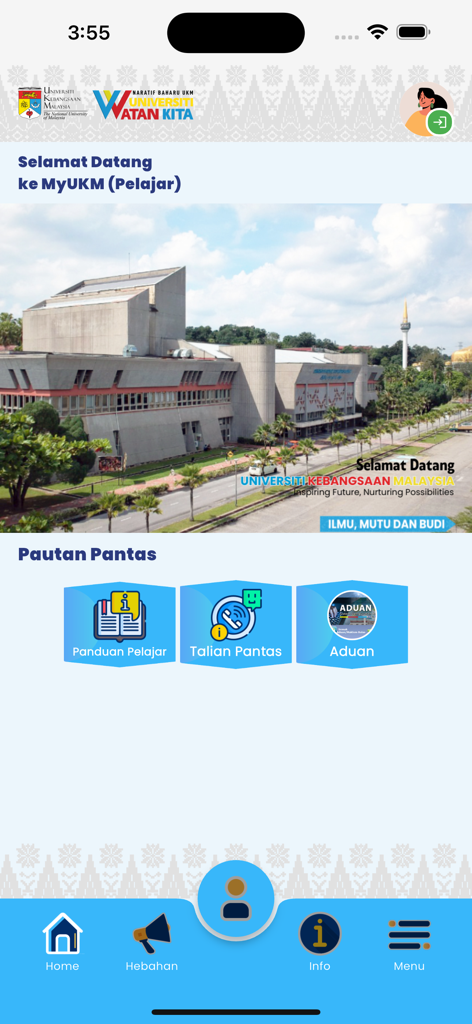 Pantalla de inicio de la app estudiantil UKM Siswa con enlaces rápidos universitarios y una imagen del edificio universitario