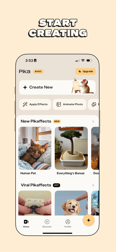 Pikaffects by Pika - AI 영상 제작 옵션과 바이럴 효과를 보여주는 Pikaffects 앱 홈 화면.