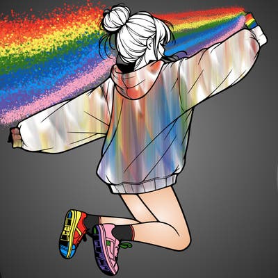 realistic girl jumping with a bun and oversized sweatshirt