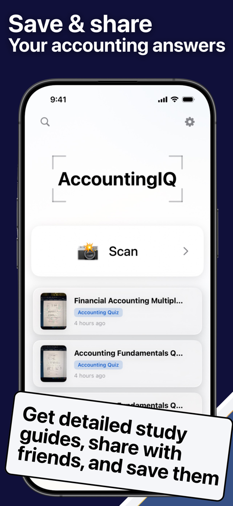 Accounting AI Homework Solver - Interface of the AccountingIQ app showing the scan button and a history of saved accounting homework answers.