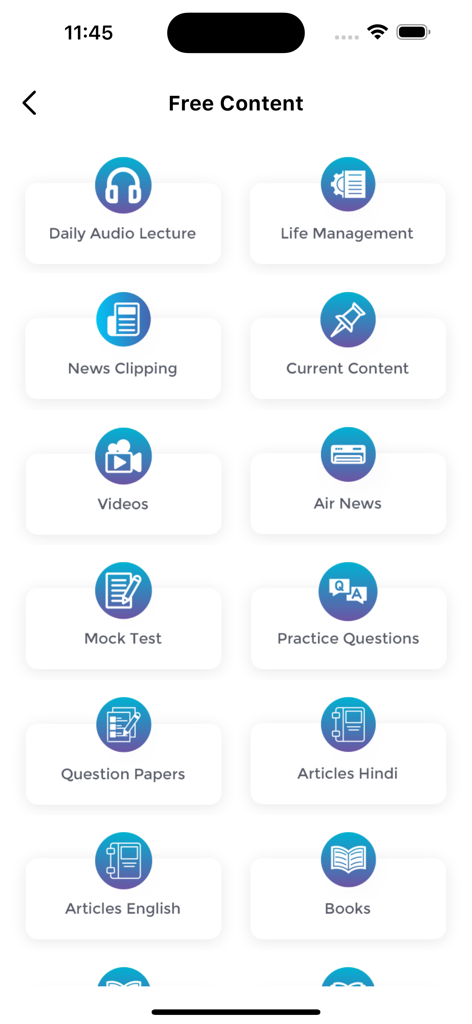 Afeias - Afeias app dashboard showing various free content categories for UPSC exam preparation