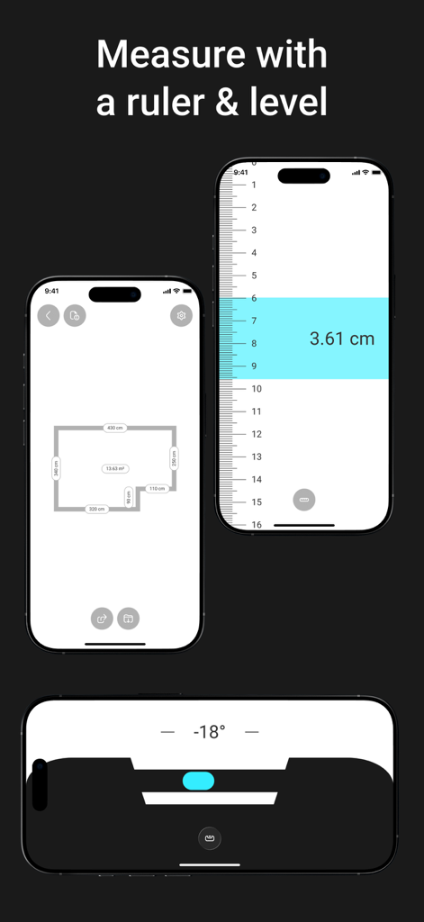 間取り図作成、デジタル定規、水準器ツールを示すメジャー定規アプリインターフェース