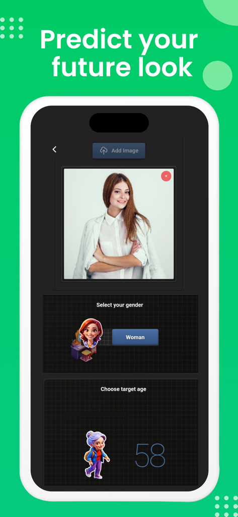 AI Face Aging - Future You - A smartphone screen showing the AI Face Aging app interface with gender and age selection settings