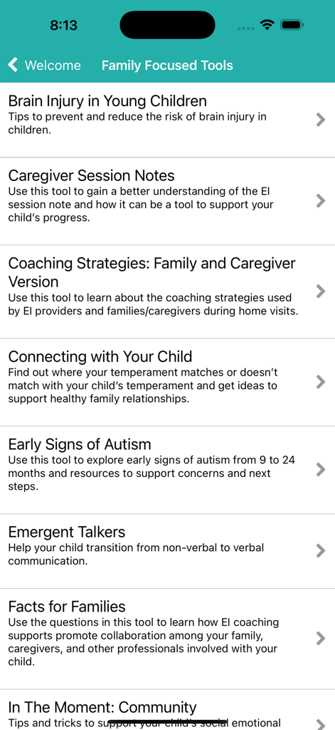 EITA Mobile - EITA Mobile app screen displaying a list of family focused tools and early intervention resources