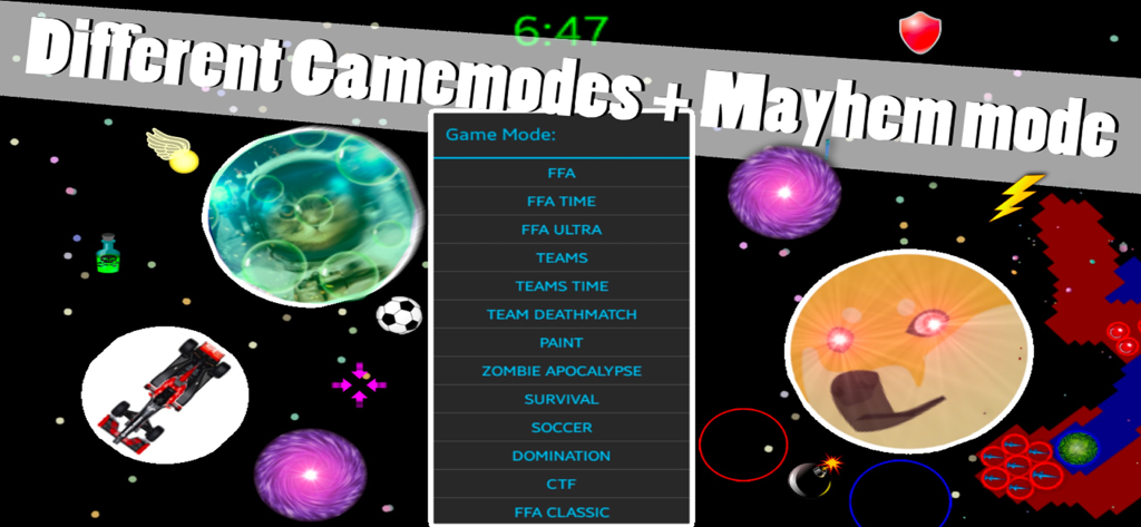 Menú de Nebulous.io que muestra varios modos de juego, incluyendo Caos y FFA