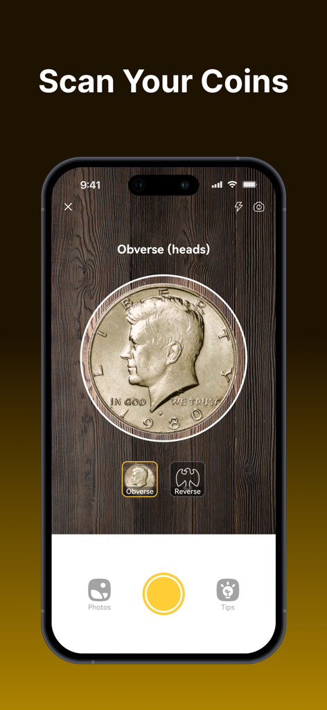 A smartphone screen showing the Coin Identifier app scanning the heads side of a 1980 Kennedy half dollar coin on a wood background.