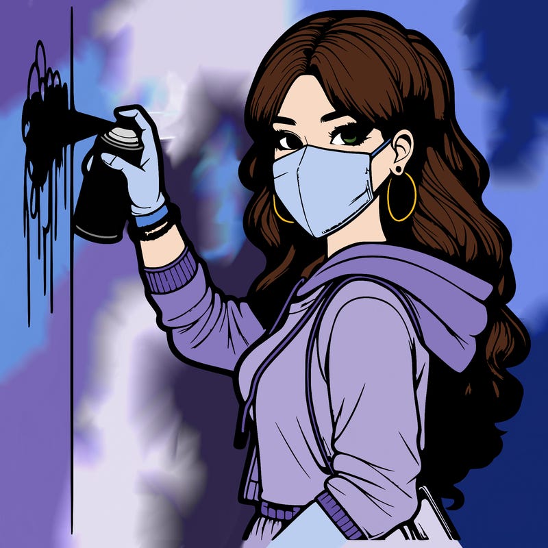 realistic girl with mask spray painting a wall
