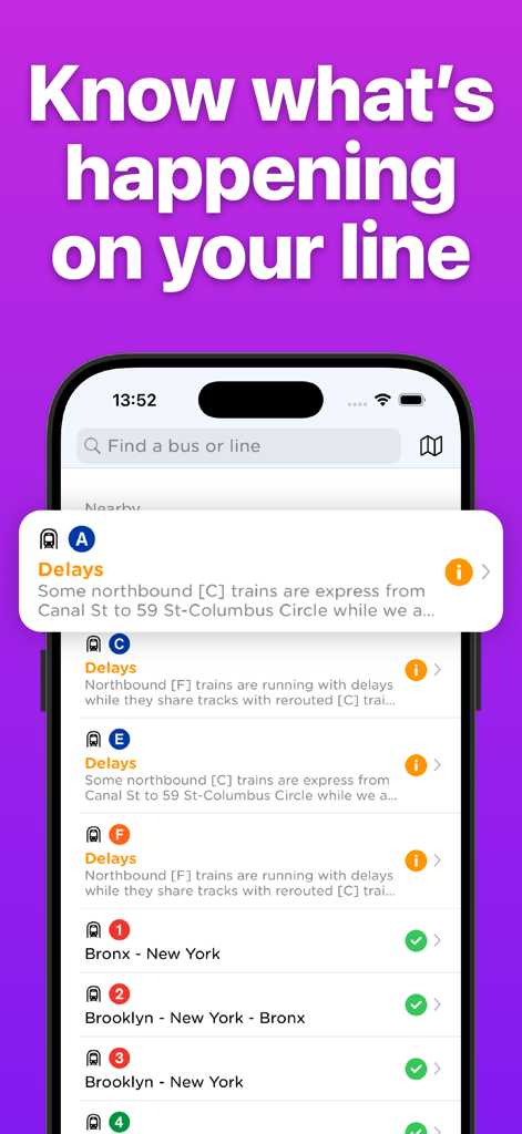 Smartphone screen showing the Momego app with real time subway line status and delay alerts for New York City transit