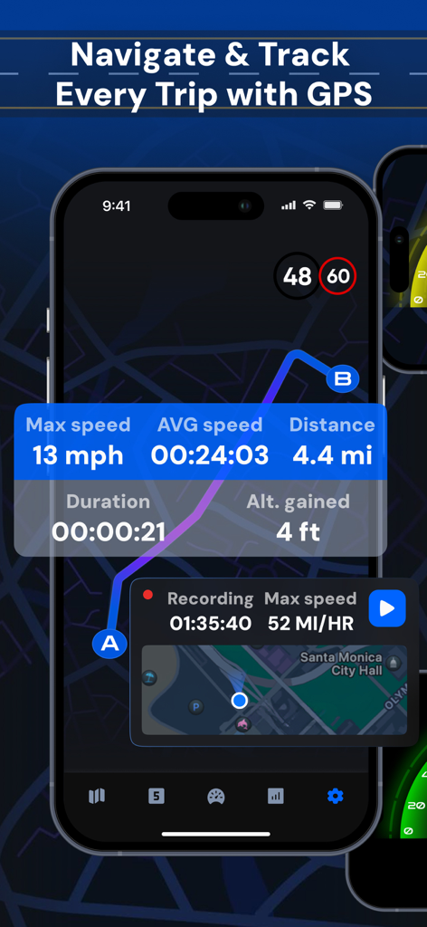 GPS Speedometer HUD Tracker - GPS Speedometer app interface showing map navigation and trip statistics