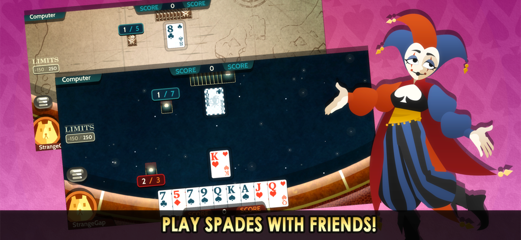 Spades Royale: Online + Single - Spades Royale mobile game interface showing online multiplayer card matches and a jester character