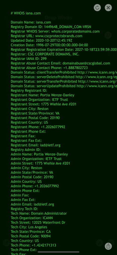 Deep Whois - Detailed WHOIS record for iana.com displayed in Deep Whois app with a green terminal theme